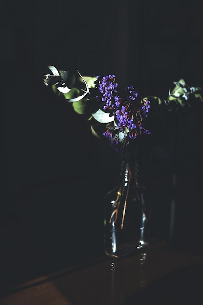 Tiro vertical de uma flor roxa em uma jarra de vidro com uma parede escura