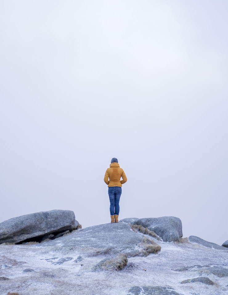 Foto grátis tiro vertical de uma mulher com um casaco amarelo de pé na pedra nas montanhas nevadas