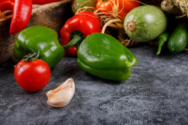 Tomate, pimentão, abobrinha e alho.