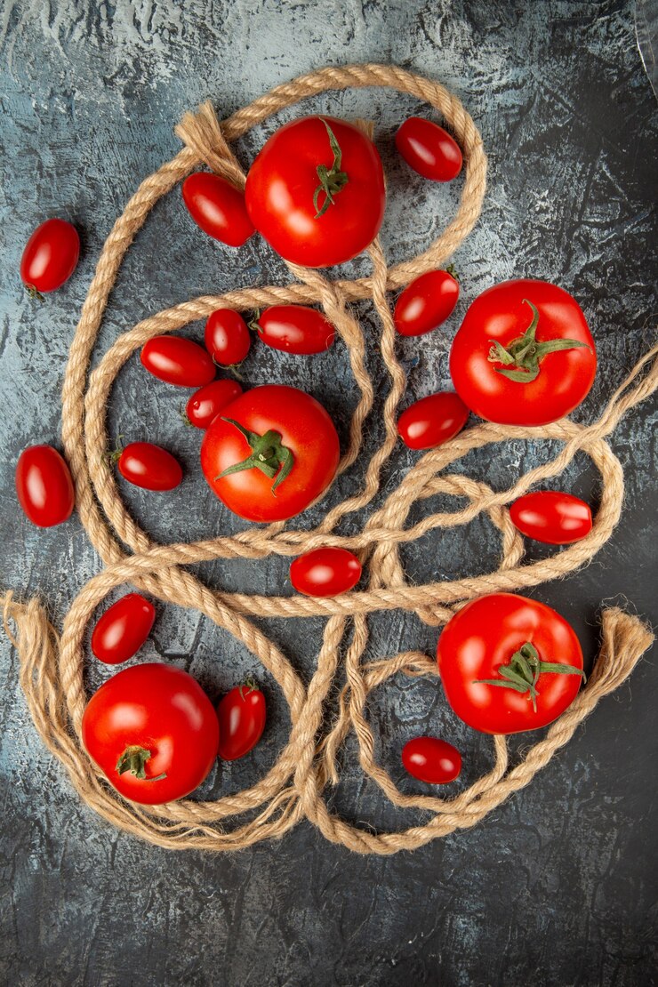 Foto grátis tomates cereja frescos com cordas na vista superior