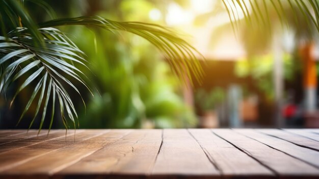Topo de uma mesa de madeira em um fundo desfocado com uma palmeira