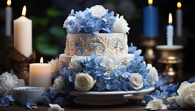 Foto grátis torta de casamento com luz de velas e buquê de chocolate sobremesa celebração elegância gourmet gerada por inteligência artificial