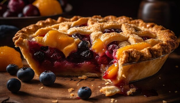 Torta de mirtilo rústica assada em mesa de madeira gerada por IA