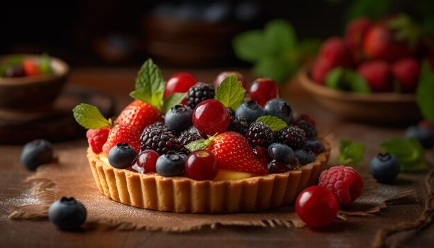 Torta doce de frutas silvestres em placa de madeira rústica gerada por IA