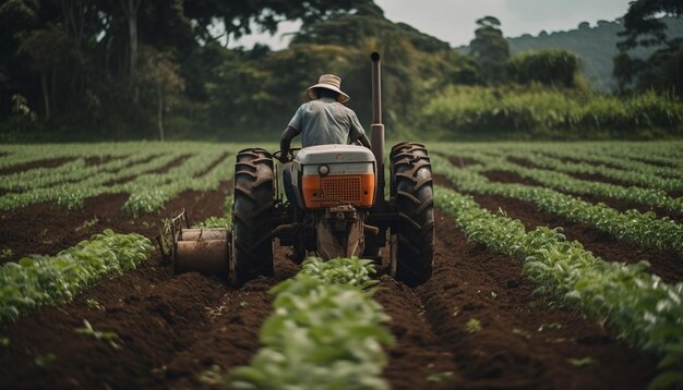 Foto grátis trabalhador agrícola dirigindo trator pulverizando prado verde gerado por ia