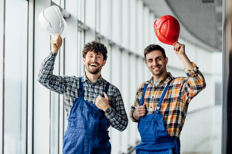 Foto grátis trabalhador da construção civil com boa aparência compartilhando a experiência com um colega, segurando um capacete