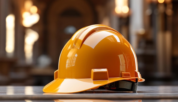 Trabalhador da construção civil usando capacete amarelo para segurança no canteiro de obras gerado por inteligência artificial