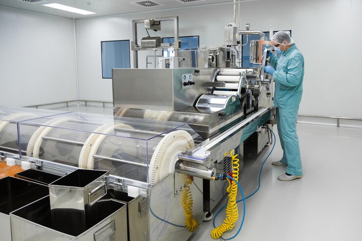 Foto grátis trabalhador de homem de fábrica de indústria de farmácia em roupas de proteção em condições de trabalho estéril, operando em equipamentos farmacêuticos