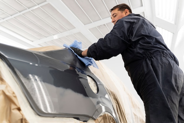 Trabalhador de serviço pintando carro em auto serviço