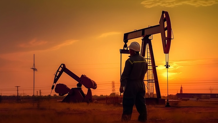 Foto grátis trabalhador e plataforma de petróleo no pôr do sol criado com tecnologia generative ai