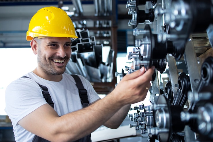 Foto grátis trabalhador industrial a trabalhar na linha de produção numa fábrica