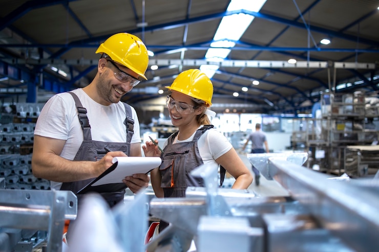Foto grátis trabalhadores da fábrica analisando os resultados da produção em um grande salão industrial