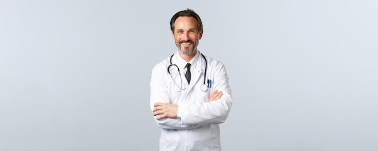 Foto grátis trabalhadores de saúde de surto de coronavírus covid e conceito pandêmico entusiasmado médico sorridente ...