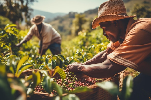 Foto grátis trabalhadores recolhendo grãos de café colhendo cores suaves frescas