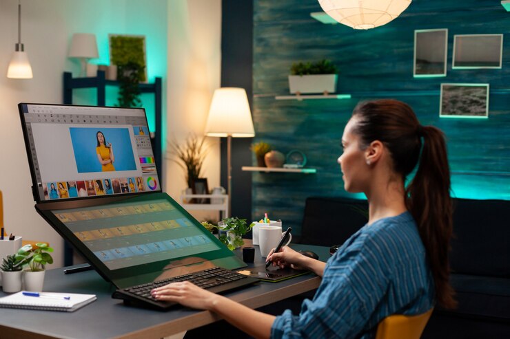 Foto grátis trabalho de retoque editando foto de modelo para agência de fotografia. mulher caucasiana artística criativa olhando para a tela do monitor do computador e um software de modelo de retoque de fotos
