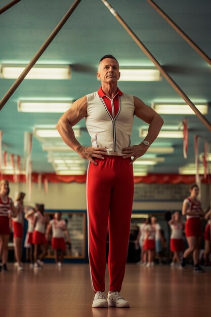 Treinador de ginástica masculina posando na academia