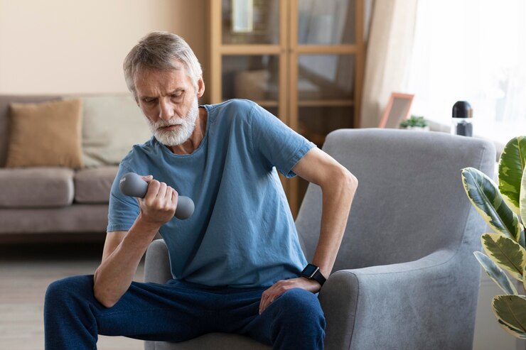 Foto grátis treino masculino sênior em casa