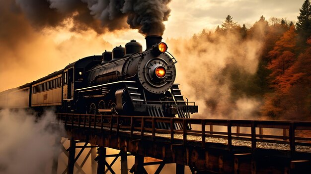 trem a vapor cinematográfico na ilustração da ferrovia