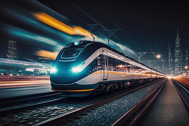 Trem de alta velocidade na estação e paisagem urbana turva à noite em fundo ai generativo