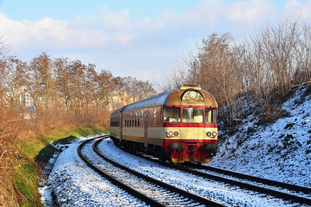 Trem de passageiros checo bonito com carruagens.