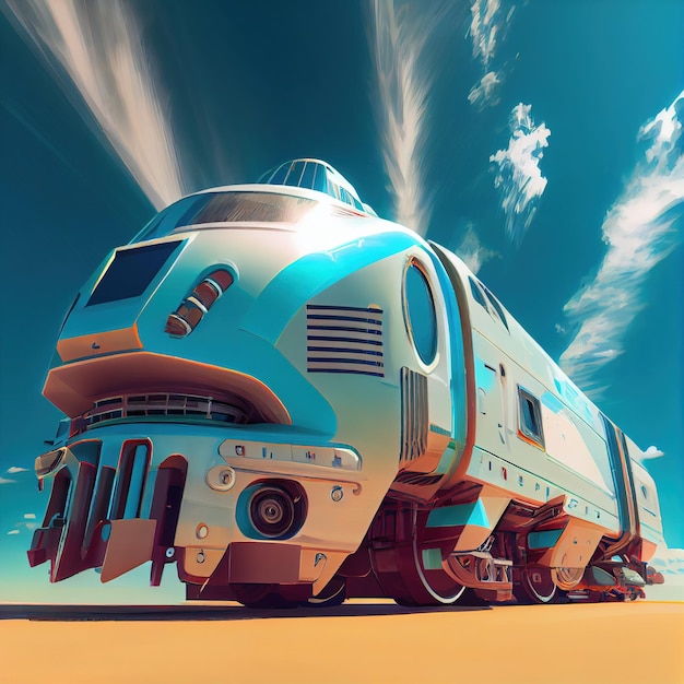 Trem de transporte futurista de anime com lindo fundo de céu azul generativo ai