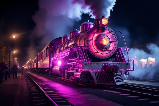 Trem roxo com luzes de néon e fumaça