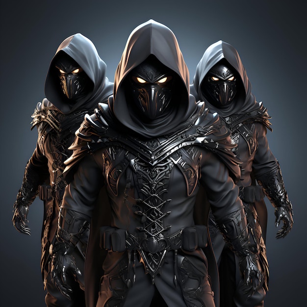 Foto grátis três cavaleiros em armadura com espadas em um fundo escuro ilustração 3d
