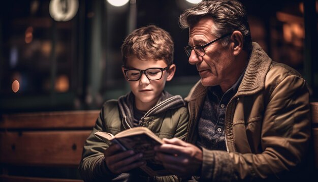 Três gerações se unindo por meio da educação e da leitura geradas pela IA