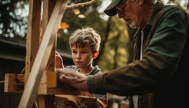 Três gerações se unindo sobre carpintaria na natureza gerada por IA