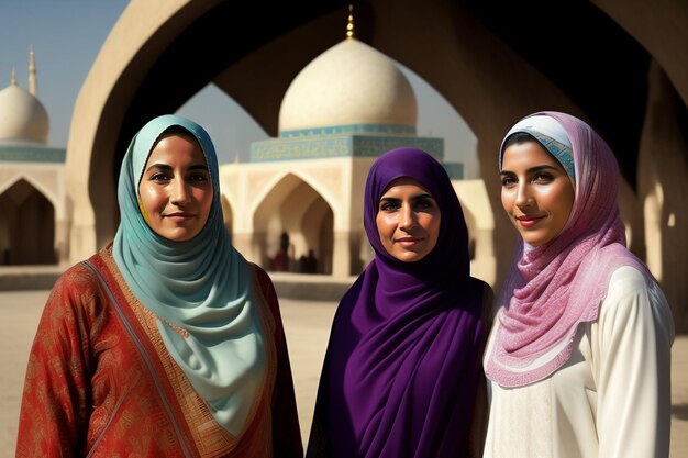 Três mulheres estão em frente a uma mesquita.