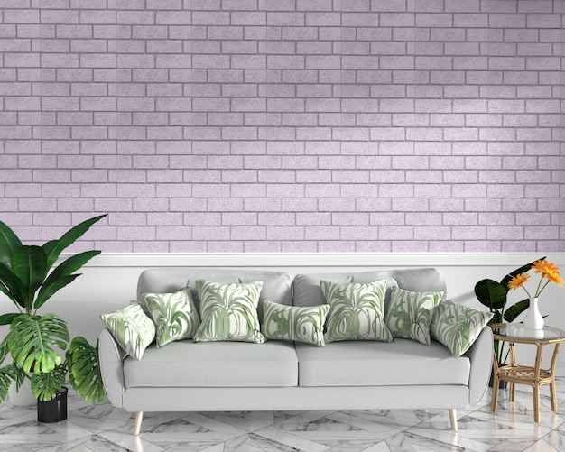 Tropical mock-se com sofá e decoração e parede de tijolo-de-rosa no piso de granito