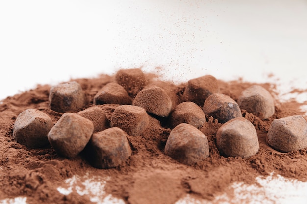 Foto grátis trufas de chocolate com cacau em pó