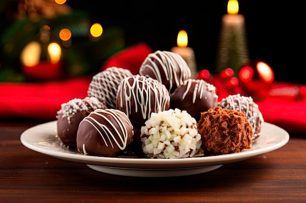 Trufas de chocolate em um prato com fundo de enfeite de natal