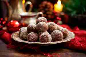 Foto grátis trufas de chocolate em um prato com fundo de enfeite de natal