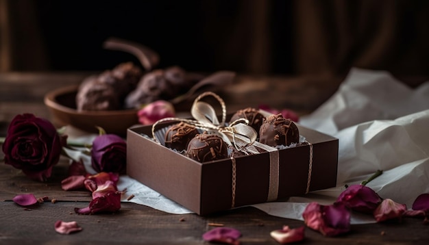 Foto grátis trufas de chocolate gourmet em caixa de madeira rústica gerada por ia