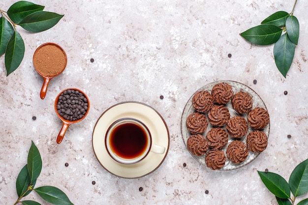 Trufas de mini bolos com gotas de chocolate e cacau em pó, vista superior