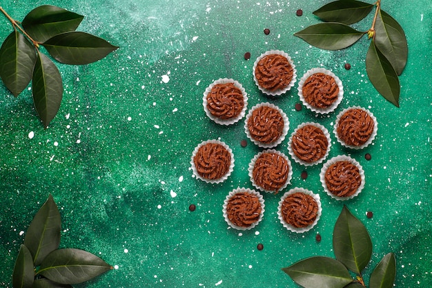 Foto grátis trufas de mini bolos com gotas de chocolate e cacau em pó, vista superior