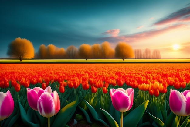 Tulipas em um campo com um pôr do sol ao fundo