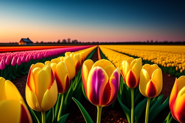 Tulipas em um campo com uma tulipa rosa e amarela no meio.