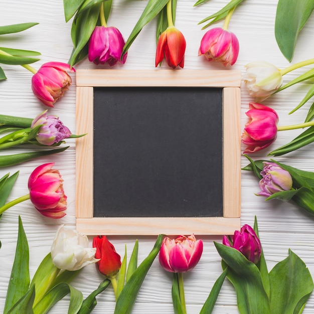 Foto grátis tulipas em volta do quadro-negro