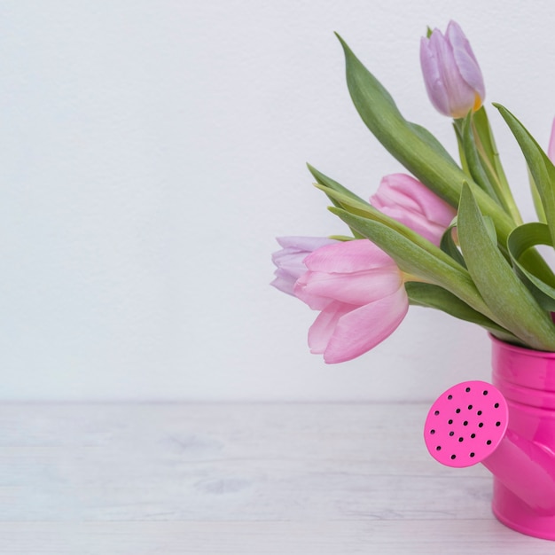 Foto grátis tulipas macias em pote de água-de-rosa