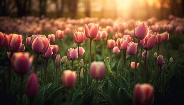 Tulipas vibrantes em prados mostram a beleza da primavera gerada pela IA