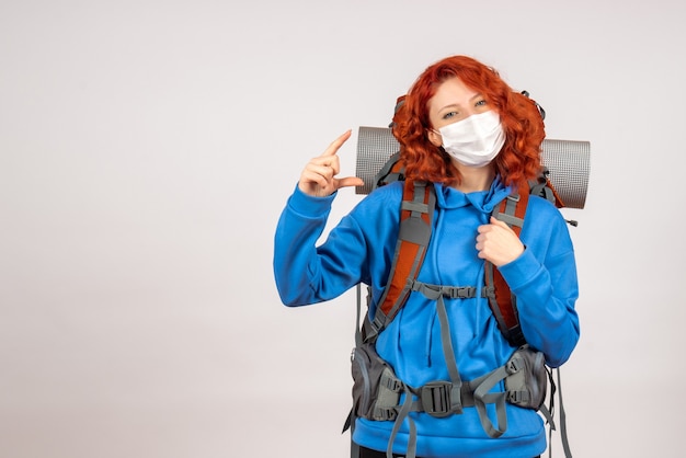 Turista de frente com máscara e mochila