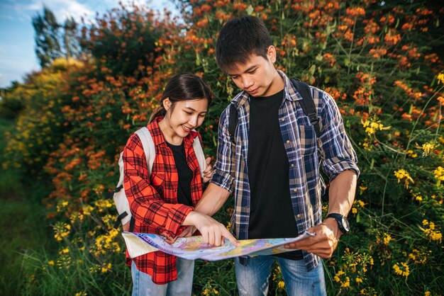 Turistas homens e mulheres olham para o mapa perto dos jardins de flores.