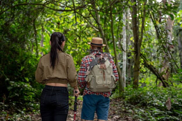 Turistas masculinos e femininos estão apreciando a floresta.