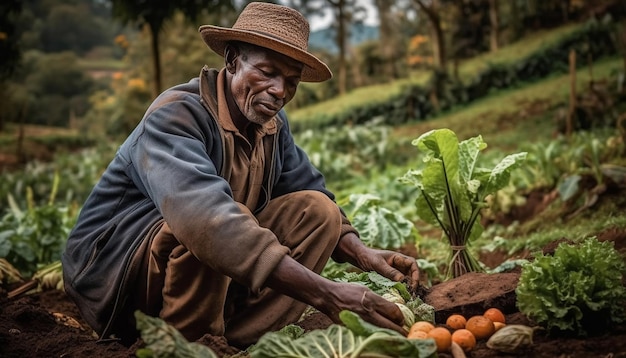 Um agricultor colhendo vegetais orgânicos frescos ao ar livre gerados por IA