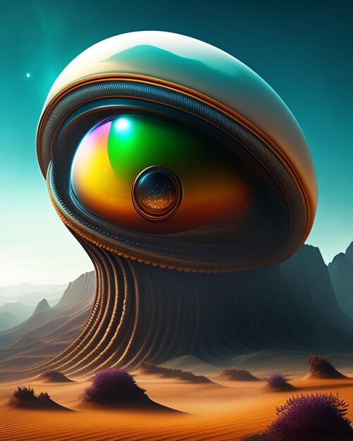 Um alienígena colorido olhando para um deserto com montanhas ao fundo.