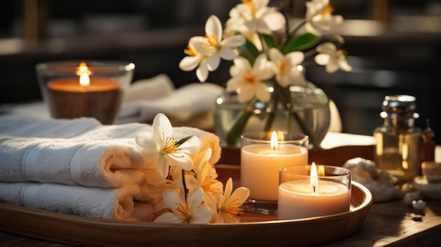 Um ambiente de spa com uma vela acesa, toalhas fofas e flores perfumadas promove o relaxamento.