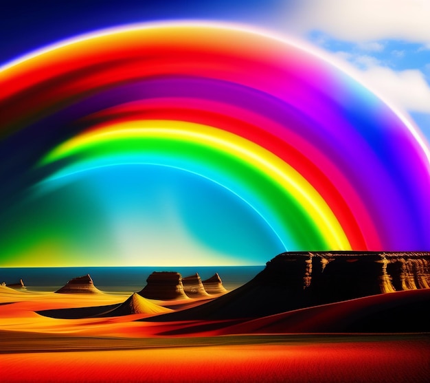 Um arco-íris está sobre um deserto com montanhas e um céu com nuvens.