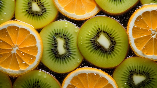 Um arranjo artístico de fatias de laranja e kiwi